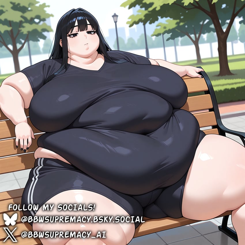 absurd_res ai_generated bangs bbw bbwsupremacy belly_overhang bench big_ass big_belly big_breasts black_eyes black_hair black_shirt black_shorts breasts busty chubby chubby_female curvy eyelashes fat female female_focus female_only goth goth_girl half-closed_eyes huge_belly huge_breasts large_breasts long_hair morbidly_obese obese obese_female overweight park park_bench sagging_breasts sitting solo spread_legs ssbbw thick thick_thighs voluptuous voluptuous_female watermark wide_hips