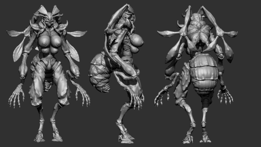 1girls 3d abdomen antennae anthro arthropod breasts digitigrade dokumushi female grey_background greyscale insect inverted_nipples mandibles monochrome monster multi_breast nipples nude ovipositor plain_background slocik solo wide_hips