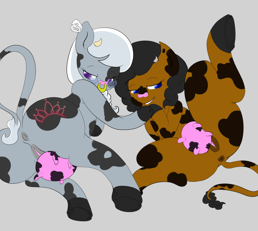 alazak animal anus ass bovine branding_mark cattle female friendship_is_magic my_little_pony original_character pussy silver_spoon_(mlp) simple_background spread_legs udders yuri