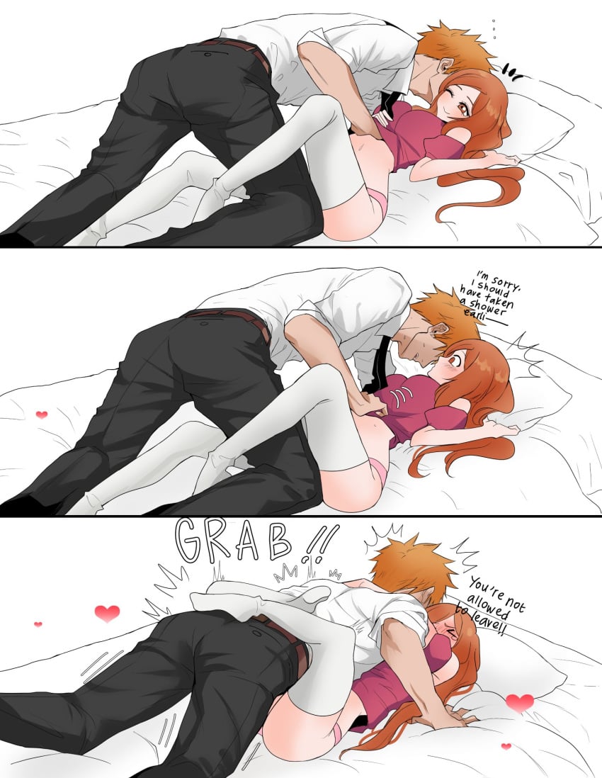 1boy 1boy1girl 1girls bed big_breasts bleach bleach:_the_thousand-year_blood_war breasts busty canon_couple cinderserra clothing couple curvy cute dialogue embrace exposed_midriff female hugging ichigo_kurosaki imminent_sex inoue_orihime leg_lock legs_around_partner long_hair male midriff on_back orange_hair panties pants romantic shirt shirt_lift short_hair suggestive thick_thighs thighhighs