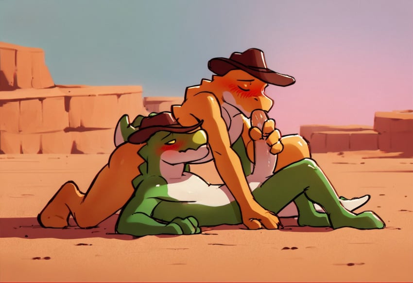 2boys anthro ass biceps blowjob blowjob_only blush cowboy crocodile crocodilian desert erection gay gay_sex gummigoo_(the_amazing_digital_circus) hat male male/male male_only multiple_boys muscular nipples nude pecs penis reptile scalie sucking_nipples sucking_testicles tired toned