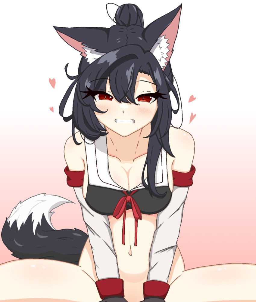 animal_ear_fluff animal_ears azur_lane black_bra black_hair bra cowgirl_position detached_sleeves female heart highres implied_sex light_smile red_eyes ribbon sbeve2004 sex shigure_(azur_lane) shigure_(retrofit)_(azur_lane) simple_background smile straddling tail underwear vaginal_penetration white_sleeves