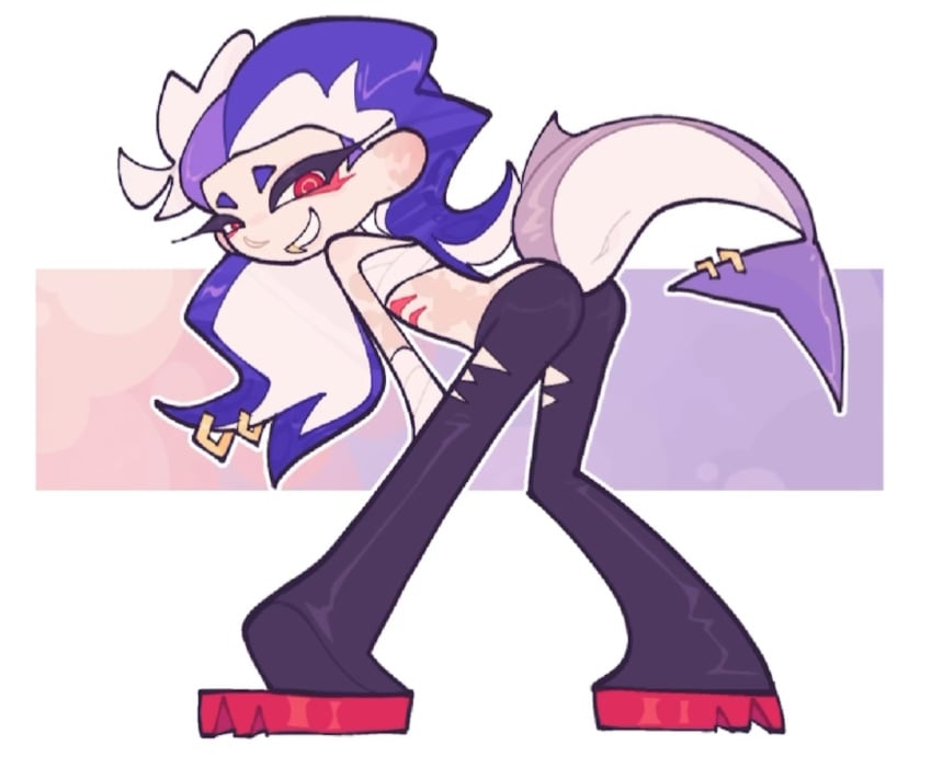 ass_focus bandage eyeliner lowres octoling pale_skin piercings shark shark_tail shiver_(splatoon) shiver_hohojiro skinny_waist small_breasts tight_clothing tight_pants wagging_tail white_background