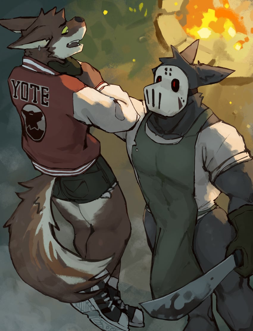 anthro apron big_bulge bottomwear bulge canid canine canis clothing duo fire footwear fox hi_res hockey_mask holding_by_neck hotpants jacket machete male male/male mammal mask melee_weapon outside shoes shorts slasher sneakers sports_mask sportswear thrisker throat_grab topwear weapon wolf