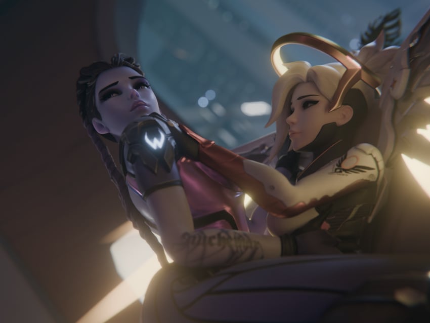 2girls 3d blizzard_entertainment clothed clothed_female female fraxxlr french_female light-skinned_female mercy overwatch overwatch_2 purple_skin sitting sitting_on_lap sitting_on_person tagme widowmaker