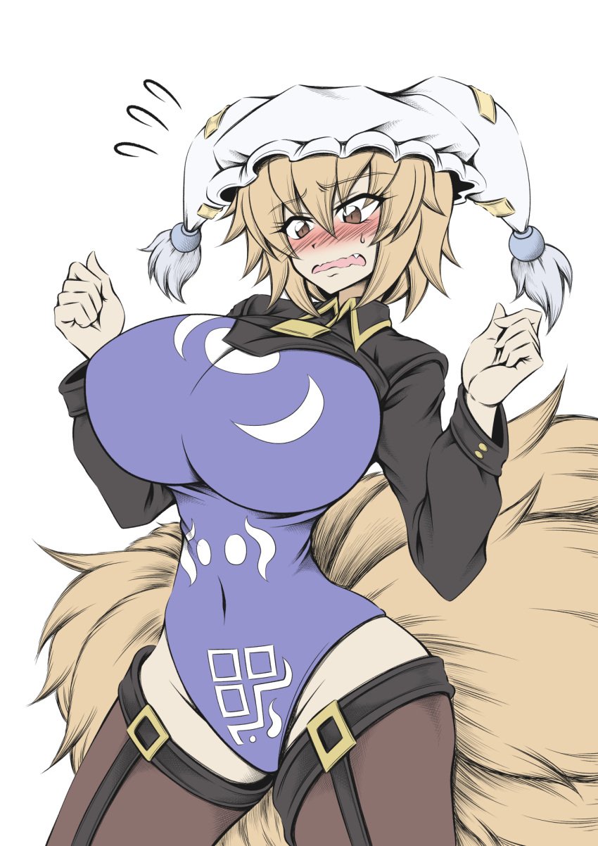 1girls big_breasts blonde_hair blush blush_lines breasts brown_hair clothed_female fox_girl hat hidefu_kitayan kitsune light-skinned_female mature_female multiple_tails ran_yakumo solo solo_female thighs touhou white_background yellow_hair