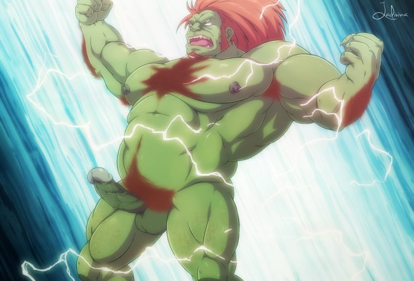 armpit_hair balls bara blanka boner capcom chest_hair erection funeral-paws green_body green_skin male male_only muscles muscular nude orange_hair penis solo solo_male street_fighter