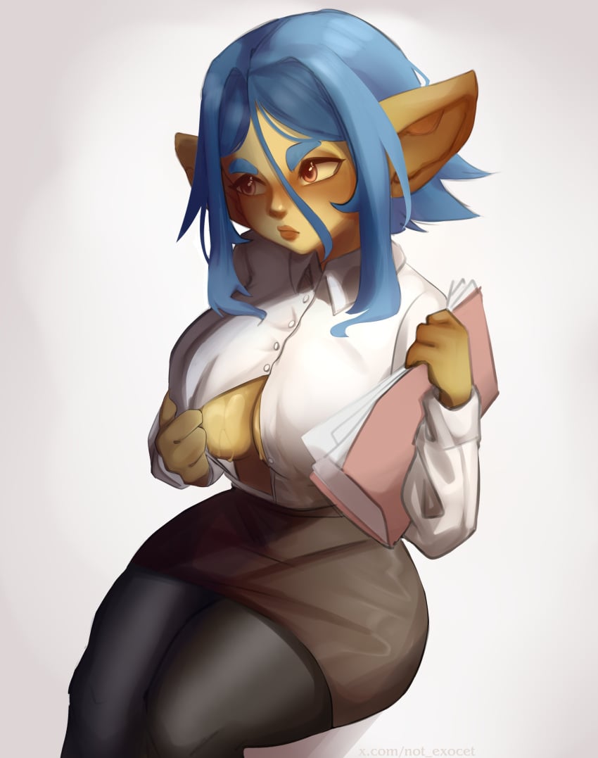 1girls 2024 absurd_res big_breasts blue_hair exocet female female_only goblin goblin_female gobtober gobtober_2024 green_skin inner_sideboob low_twintails orange_eyes pantyhose pointy_ears rissma_(maewix1) sitting solo teacher teacher_outfit thick_thighs