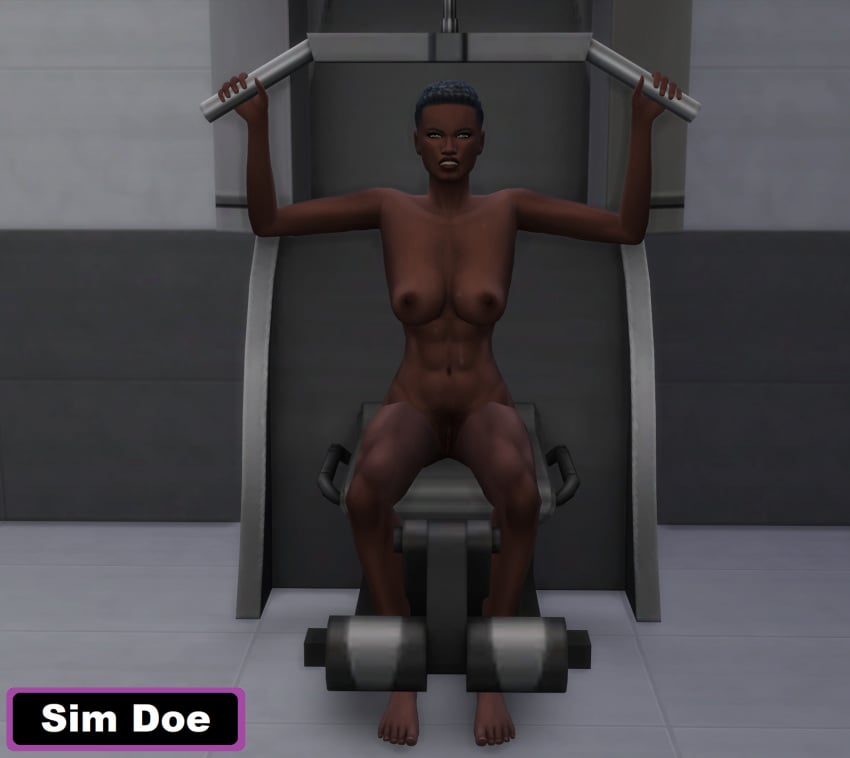 1girls 6_pack black_hair ebony female fit fit_female fitness hairy legs_spread milf nude nude_female original_character short_hair sim_doe sims sims4 sims_4 strong strong_woman the_sims the_sims_4 working_out workout