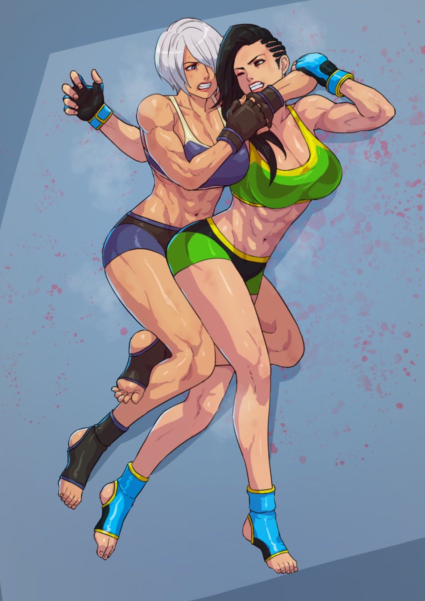 2girls abs absurdres angel_(kof) asymmetrical_hair barefoot battle black_gloves black_hair black_socks blue_gloves blue_socks blue_sports_bra breasts catfight choke_hold cirenk cleavage commission cornrows crossover dark-skinned_female dark_skin female female_only fingerless_gloves fully_clothed gloves green_sports_bra grey_hair hair_over_one_eye highres king_of_fighters large_breasts laura_matsuda long_hair midriff mixed_martial_arts mma_gloves multicolored_clothes multicolored_shorts multiple_girls muscular muscular_female ryona short_hair shorts socks soles sports_bra stirrup_legwear strangling street_fighter submission_hold sweat toeless_legwear toes white_hair wrestling