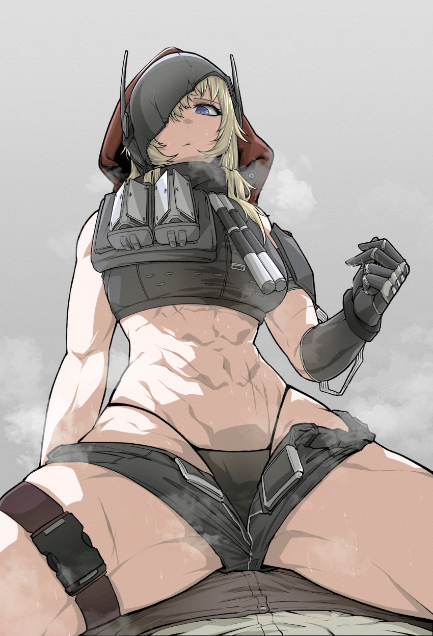 1boy 1girls abs battle_scars commander_(nikke) cowgirl_position doya_(qkrdbseh1205) goddess_of_victory:_nikke grave_(nikke) highres imminent_sex looking_at_viewer muscular_female on_partner pov steamy straight sweat thighs