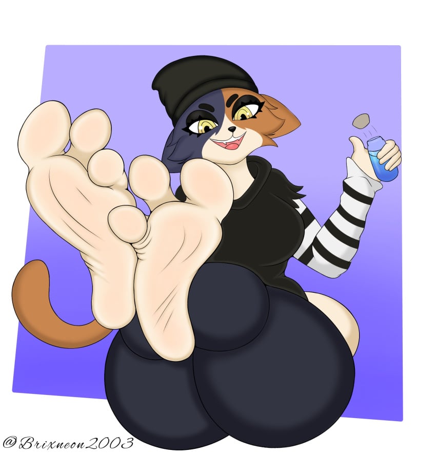 5_fingers 5_toes anthro ass barefoot beanie big_butt black_beanie black_clothing black_hat black_headwear bottle brixneon2003 clothing container crossed_ankles dialogue epic_games feet feet_up felid female fingers foot_fetish foot_focus fortnite hat headgear headwear hi_res holding_bottle holding_container holding_object holding_potion humanoid_feet humanoid_hands looking_at_viewer mammal meow_skulls meow_skulls_(fortnite) open_mouth open_smile plantigrade potion shield_potion smile smiling_at_viewer soles spread_toes talking_to_viewer thick_thighs toes yellow_eyes