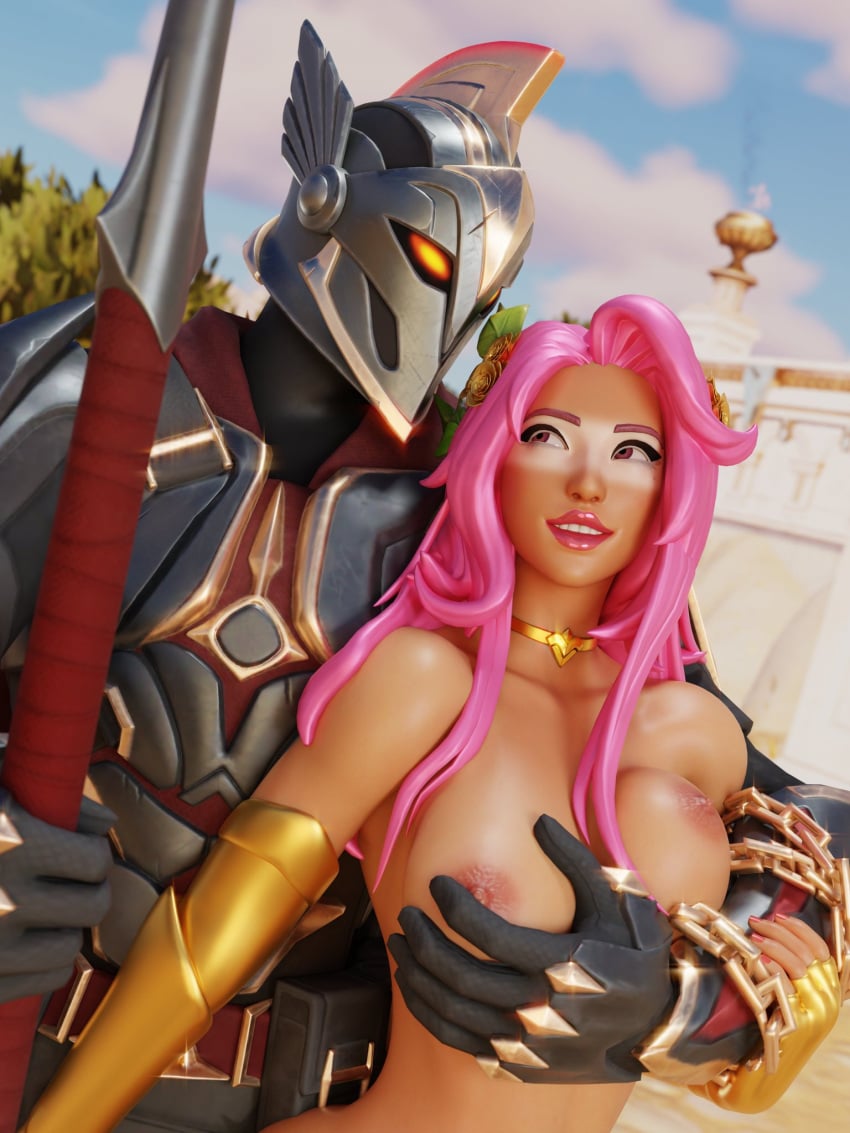 aphrodite aphrodite_(hades) ares ares_(fortnite) armor armored_boots armored_female armored_male big_breasts breasts choker clothed clothed_male clothing completely_nude completely_nude_female dark-skinned_female dark_skin eye_contact fondling fondling_breast fortnite fully_clothed fully_clothed_male glowing_eyes hades_(game) hades_2 helmet holding_weapon jabbi_2k long_hair looking_at_partner looking_back looking_back_at_partner mask masked masked_male nude nude_female public public_nudity shiny shiny_skin smile smiling smiling_at_partner