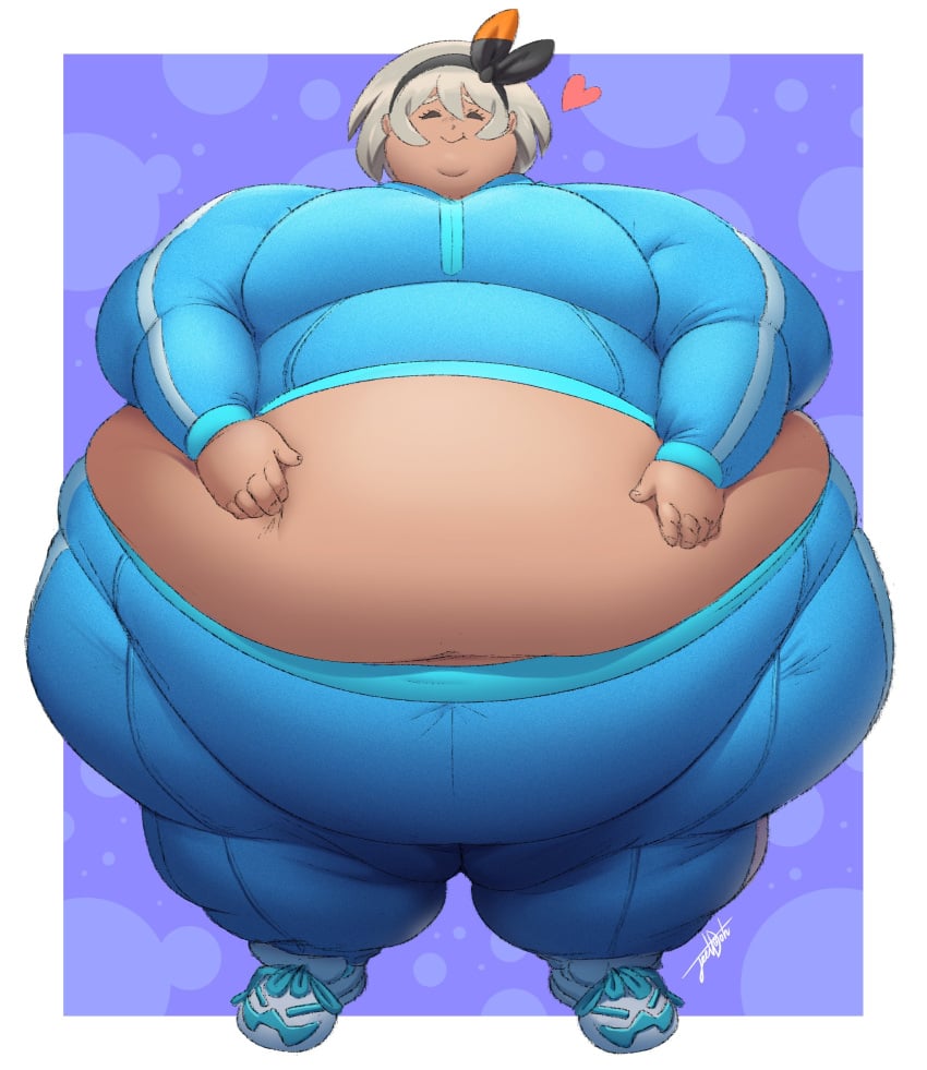 basic_background bea_(pokemon) big_belly big_breasts chubby closed_eyes hands_on_belly jeetdoh midriff morbidly_obese obese_female overweight pokemon pokemon_ss track_suit violet_beauregarde_(cosplay) weight_gain