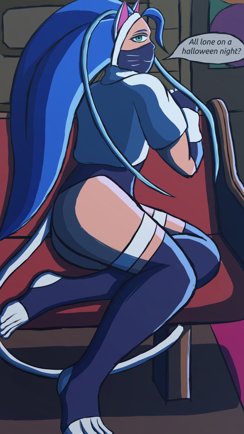 blue_hair cat_ears cat_eyes cat_tail catgirl cropped_jacket darkstalkers face_mask felicia_(darkstalkers) green_eyes nekomata_(megami_tensei) shin_megami_tensei stained_glass stirrup_socks stockings white_fur