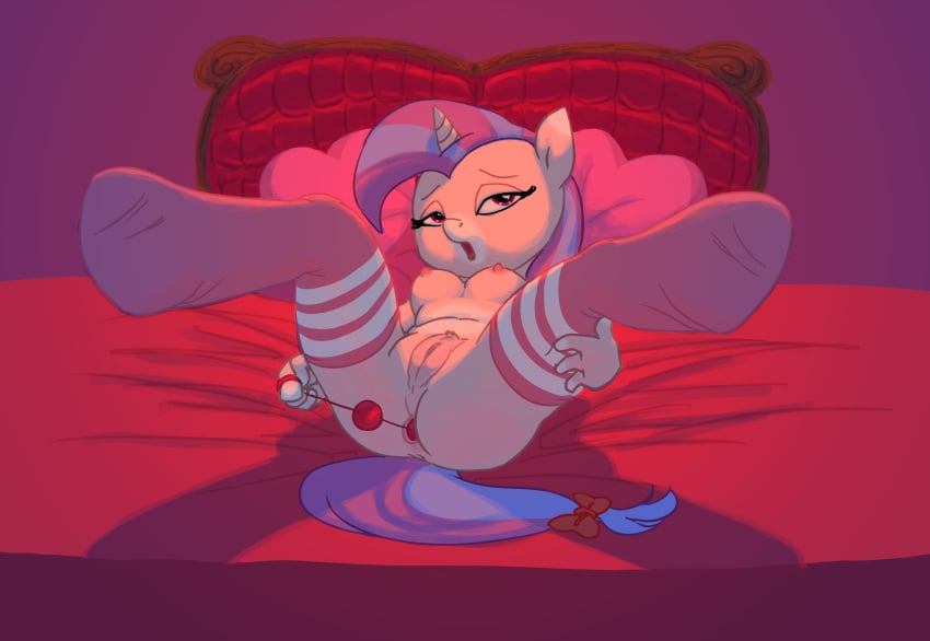 2014 anal_beads anthro anthrofied anus bed breasts equine female hair half-closed_eyes hearts_desire hi_res horn horse mammal my_little_pony original_character pillow pony pussy sex_toy siansaar socks solo spread_legs spreading two_tone_hair unicorn