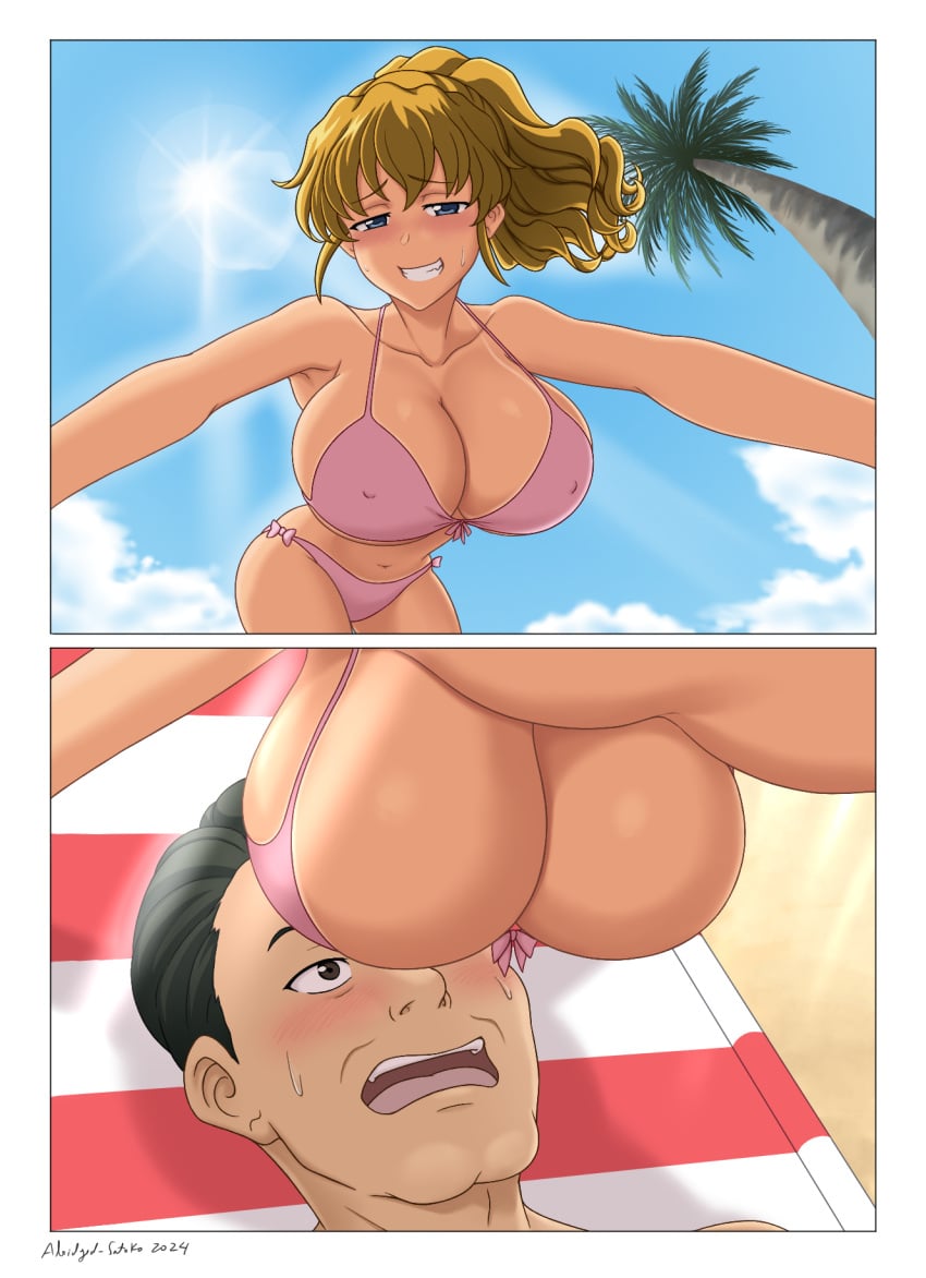 07th_expansion 1boy1girl 2024 abridged-satoko artist_name beach big_breasts bikini blue_eyes blush breasts dark_hair female grey_eyes head_under_breasts jessica_ushiromiya large_breasts male navel open_mouth smirk tan_skin tomboyist toshiro_gohda umineko_no_naku_koro_ni voluptuous yellow_hair