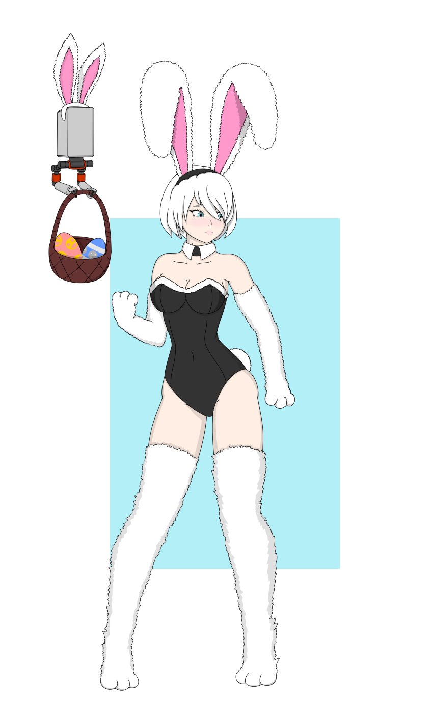 bunny_ears bunny_girl bunnysuit cleavage drone elbow_gloves female female_only fully_clothed gloves long_gloves minimedjed nier:_automata png revealing_clothes solo solo_female stockings white_hair yorha_2b