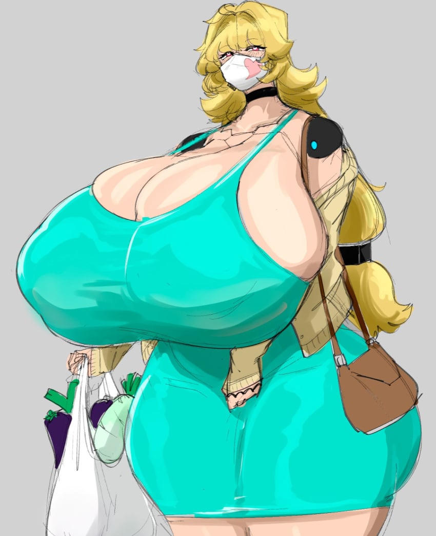 1girls ass big_ass big_breasts blonde_hair breasts cleavage fat_ass female female_focus female_only fully_clothed giant_breasts gigantic_breasts heart-shaped_pupils huge_ass huge_breasts hyper hyper_breasts mask massive_ass massive_breasts milf round_ass s_elbeej solo spring_(s_elbeej) thick_ass