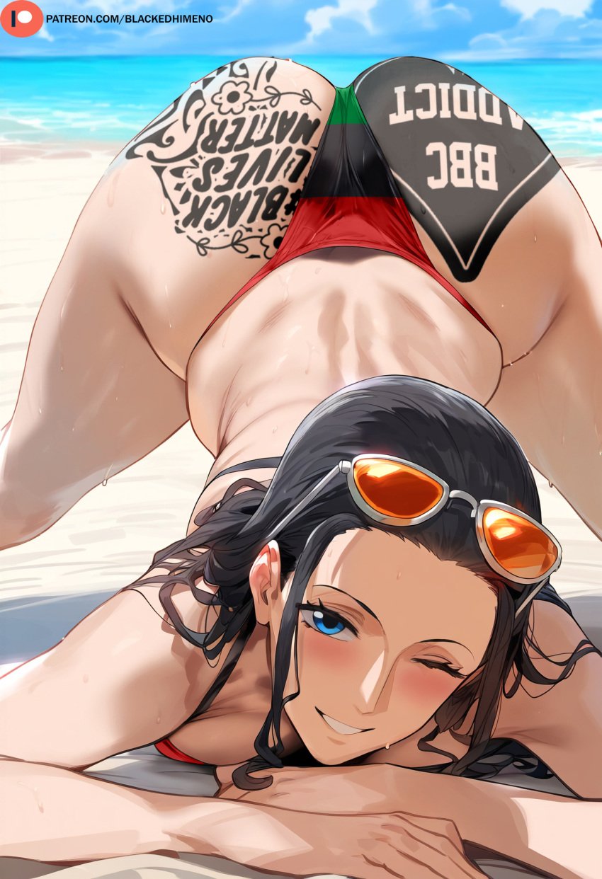 1girls ai_generated ai_hands beach female female_only himeno huge_ass jack-o_pose nico_robin one_eye_closed one_piece pan-african_flag pan-african_flag_bikini pan_african_colors queen_of_spades spade_tattoo