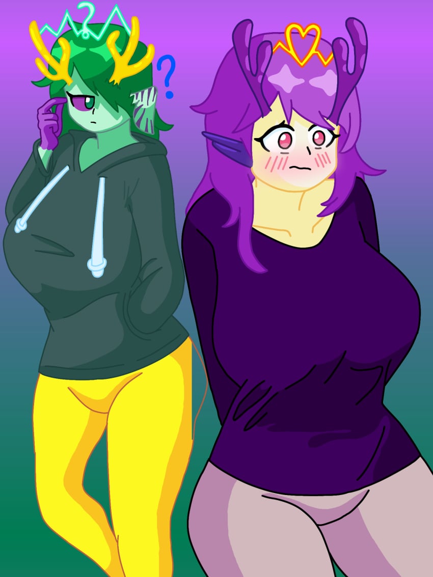 astropod big_blue_bubble green_hair monster monster_girl my_singing_monsters purple_hair rare_astropod shy two_girls wublin