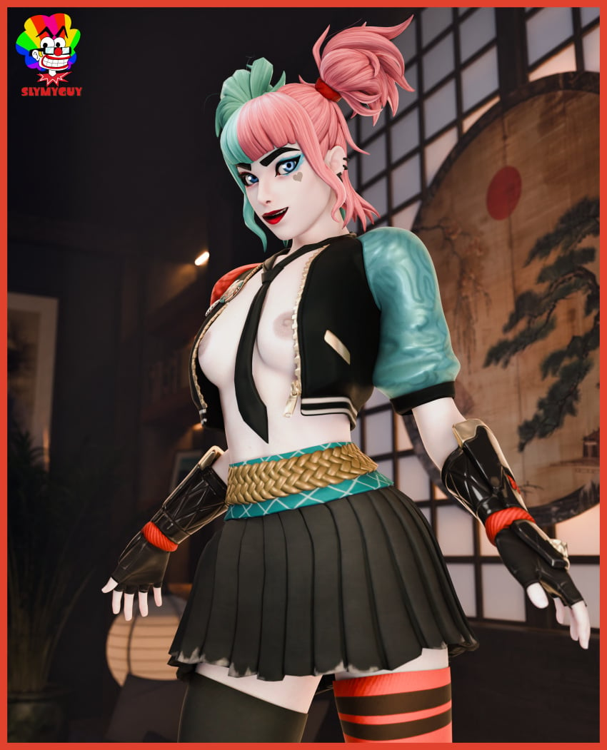 clown clown_girl clussy dc_comics fortnite harley_quinn harley_quinn_(fortnite) jacket_open leggings partially_clothed skirt slymyguy solo_female white_body white_skin