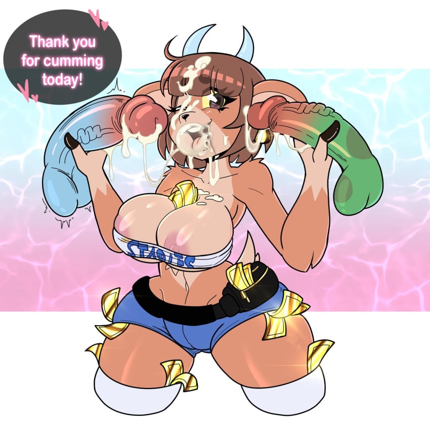 animal_crossing anthro areola between_breasts bodily_fluids breasts brown_hair cleavage clothed clothing cum cum_on_face deer dialogue disembodied_penis female genital_fluids genitals hair handjob heart_symbol hi_res male male/female mammal money nintendo nipples open_mouth open_smile pashmina_(animal_crossing) penile penis raccoon_sama sex smile text thick_thighs tongue tongue_out wide_hips