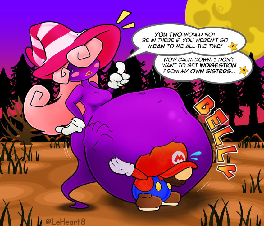 mario mario_(series) paper_mario paper_mario:_the_thousand-year_door pink_hair same_size_vore soft_vore struggling struggling_prey unwilling unwilling_prey vivian_(paper_mario) vore vore_belly witch_hat