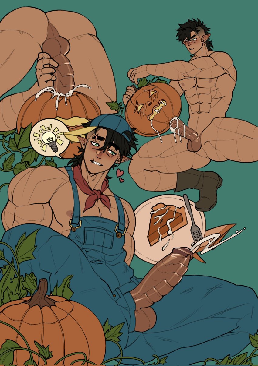 bara baseball_cap black_hair costume cum cum_inside eran_(rj322) harvest_moon hat lightbulb non-human nude orginal_character overalls pete_(harvest_moon) pointy_ears pumpkin pumpkin_masturbation pumpkin_pie rj322 solo solo_male tanned_skin