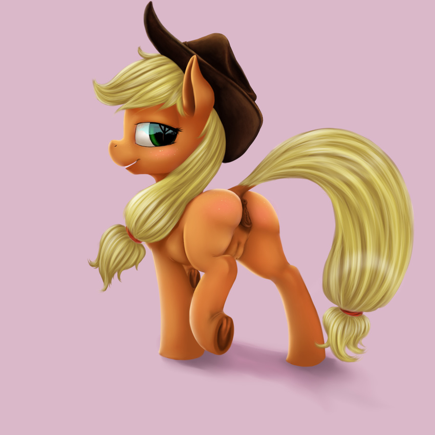 2014 anus applejack_(mlp) blonde_hair cowboy_hat crotchboobs equine female feral freckles friendship_is_magic fur green_eyes hair hat hooves horse long_hair looking_at_viewer mammal my_little_pony orange_fur plain_background pony pony-fuhrer smile solo standing