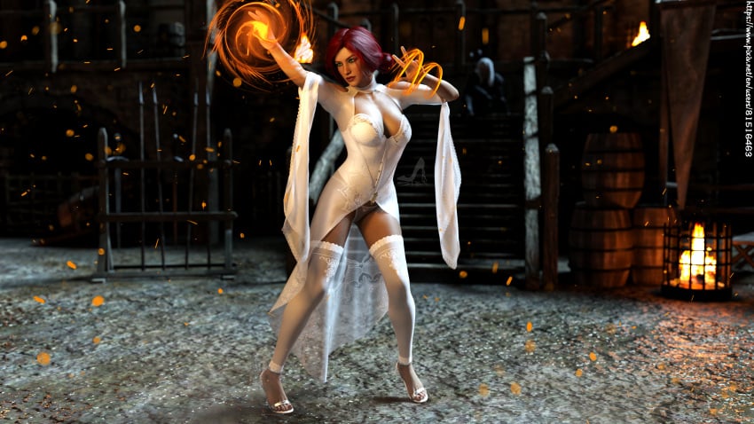 1boy 1girls 3d 5ive5tar5 big_breasts corset fire fire_magic geralt_of_rivia green_eyes high_heels lace-trimmed_legwear lingerie magic magic_user neckwear red_hair see-through_clothing see-through_panties sitting_on_stairs stiletto_heels stockings string_panties the_witcher_(series) the_witcher_3:_wild_hunt triss_merigold white_clothing white_corset witch