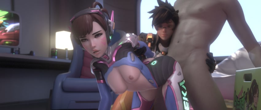 2girls 3d blizzard_entertainment d.va female fraxxlr implied_anal implied_sex large_penis naked_male nude over_shoulder over_shoulder_view overwatch overwatch_2 penetration sex small_breasts teenager tracer