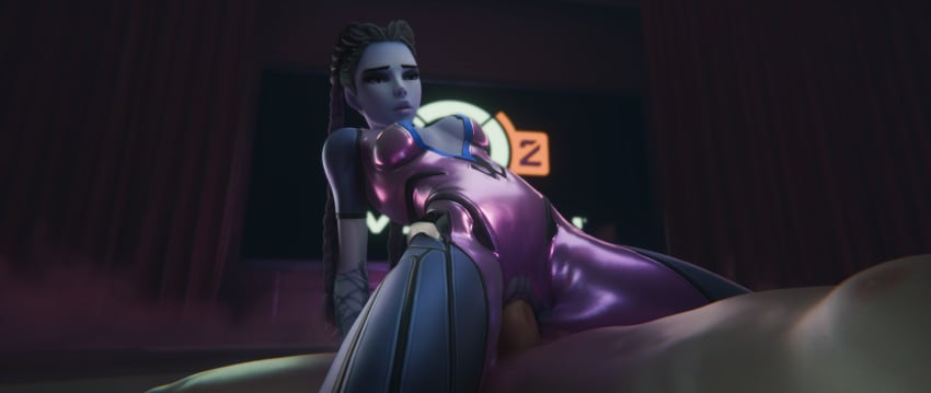 1boy 3d alternate_costume blizzard_entertainment cleavage dark_room fraxxlr french_female large_penis light-skinned_male overwatch overwatch_2 purple_skin shaved_pussy small_breasts vagina vaginal_penetration vaginal_penetration vaginal_sex widowmaker