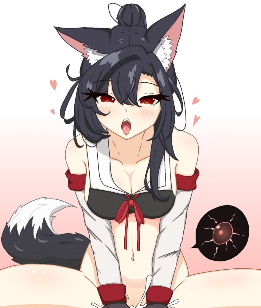 animal_ear_fluff animal_ears azur_lane black_bra black_hair bra cowgirl_position cum cum_in_pussy detached_sleeves female fertilization heart highres implied_sex impregnation internal_cumshot kemonomimi open_mouth ovum red_eyes ribbon sbeve2004 sex shigure_(azur_lane) shigure_(retrofit)_(azur_lane) simple_background straddling tail tongue tongue_out underwear vaginal_penetration white_sleeves x-ray