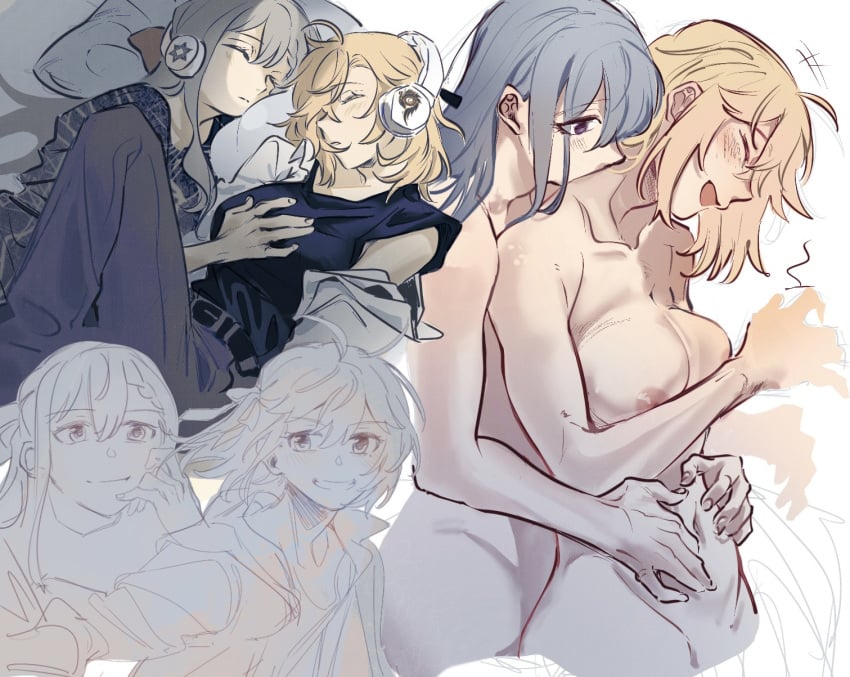 2girls ahoge anisphia_wynn_palettia areolae arms_around_partner bed bed_sheet blonde_hair blush breasts canon_couple closed_eyes color completely_nude cuddling euphyllia_magenta fully_clothed grey_hair hand_on_another's_chest headphones koyomania lighting long_hair looking_at_partner lying lying_on_back lying_on_bed lying_on_side married_couple nuzzling purple_eyes romantic romantic_couple silver_hair sleeping slight_blush standing tensai_ouji_no_akaji_kokka_saiseijutsu tickling white_background wholesome wife_and_wife yuri