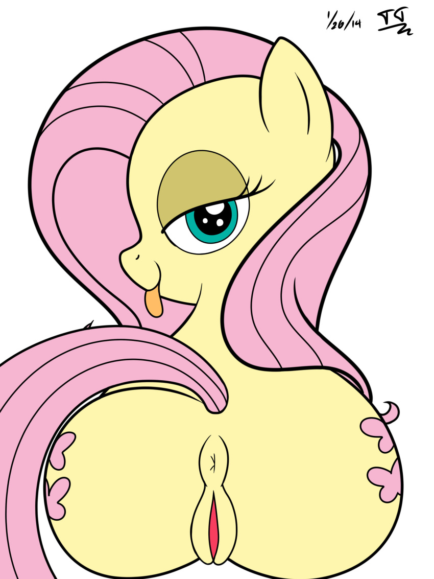 2014 anus ass cutie_mark equine female feral fluttershy_(mlp) friendship_is_magic fur green_eyes hair half-closed_eyes high_resolution horse long_hair looking_at_viewer looking_back mammal my_little_pony pink_hair plain_background pony pussy solo tomtornados tongue tongue_out white_background yellow_fur