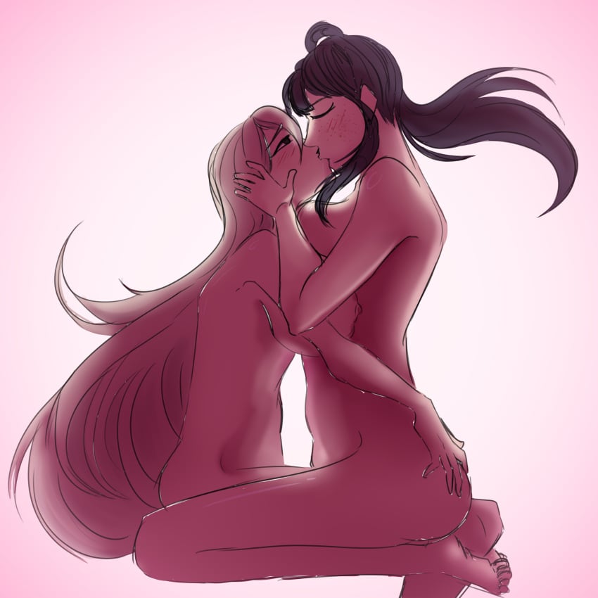 2girls ass_grab big_breasts blonde_female blonde_hair blush blush_lines breasts breasts_out closed_eyes completely_naked completely_nude completely_nude_female female female_focus female_only green_eyes kissing lap_sitting lesbian_couple loose_hair nude_female original_character original_characters purple_hair romantic_ambiance xlovecomms yuri