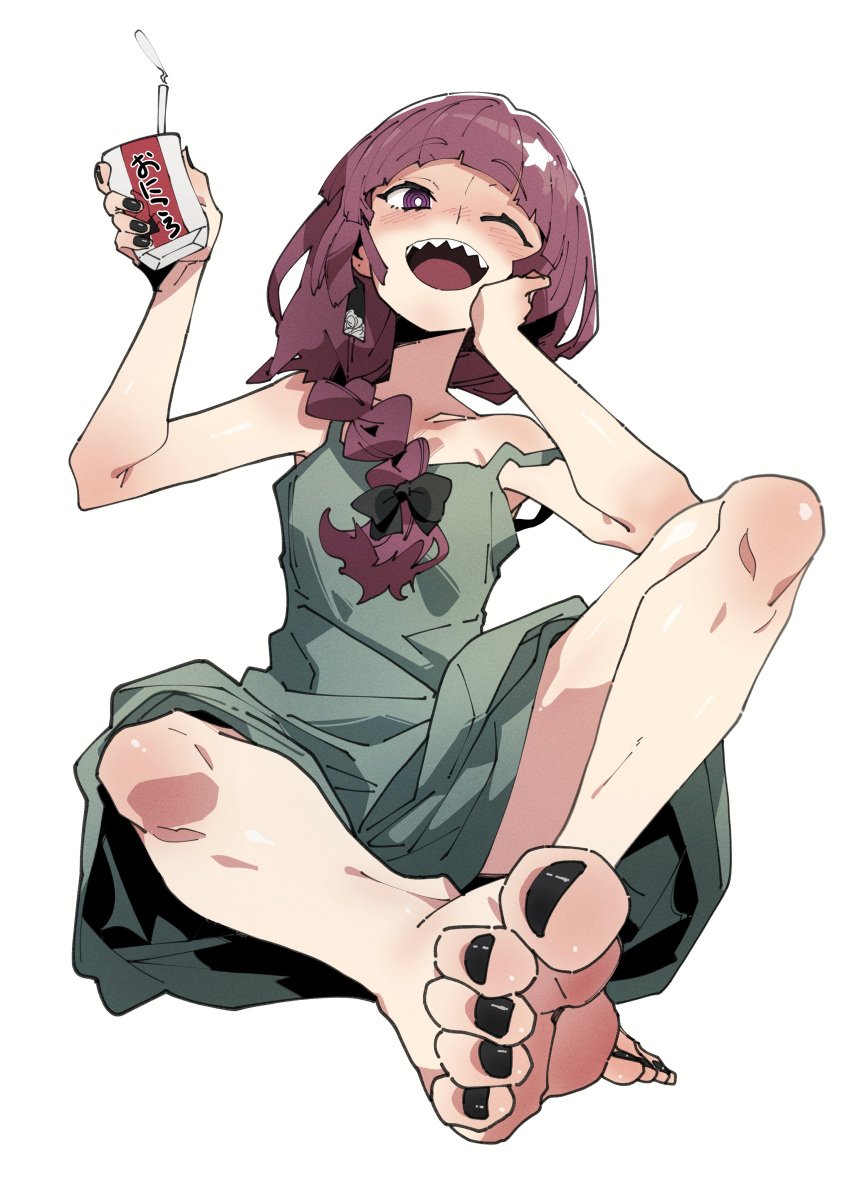 1girls alcohol alcohol_carton alcoholic_drink barefoot black_nails bocchi_the_rock! drunk feet foot_fetish hiroi_kikuri nail_polish pov pov_eye_contact pov_feet purple_hair sharp_teeth soles toenail_polish toes ushiki_yoshitaka