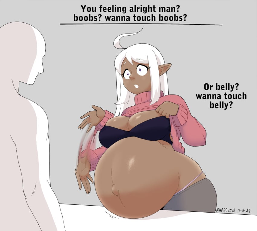 1girls big_breasts boobs?_wanna_touch_boobs? breasts dark-skinned_female dark_skin elf female huge_belly hyper_belly large_breasts male marrazan meme pregnant ready_to_pop solo_focus