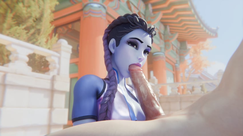 1boy 3d blizzard_entertainment braided_hair fellatio fraxxlr french_female just_the_tip large_penis light-skinned_male outside overwatch overwatch_2 purple_skin small_breasts widowmaker