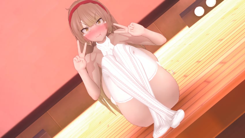 1girls 3d angry blush brown_hair embarrassed feet female female_only koikatsu lace_stockings library_of_ruina lobotomy_corporation long_hair long_hair_female lune_(artist) malkuth_(lobotomy_corporation) peace_sign pout project_moon socks stockings tagme tears v v_sign white_stockings