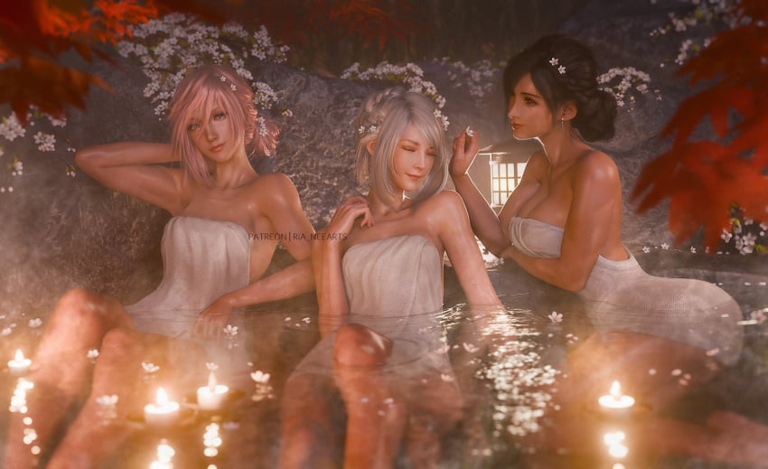 éclair_farron 3girls alternate_hairstyle autumn_leaves black_hair breasts candle eclair_farron final_fantasy final_fantasy_vii final_fantasy_xiii final_fantasy_xvi flower grey_hair hair_bun hair_flower hair_ornament highres in-franchise_crossover jill_warrick lantern multiple_girls naked_towel onsen parted_lips partially_submerged pink_hair ria-neearts single_hair_bun smile tifa_lockhart towel water