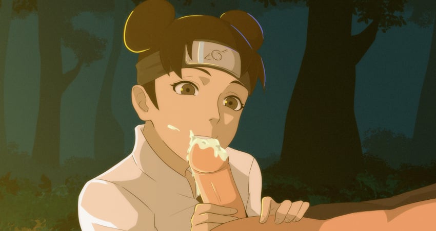 1boy 1girls between_legs bitawastaken blush brown_hair chinese_clothes climax clothed_female_nude_male clothed_sex cock_worship cum cum_in_mouth cum_on_face double_bun fellatio female forest hair_bun half-closed_eyes headband holding_penis konohagakure_symbol kunoichi long_hair male naruto naruto_(series) naruto_shippuden ninja oral oral_sex outdoors partial_male penis_in_mouth pov sex shirt straight sucking sucking_penis tenten twin_buns unseen_male_face worship