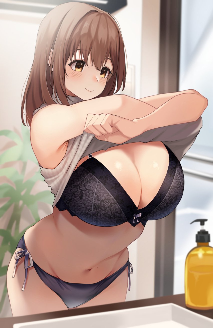 1girls absurd_res arched_back ass big_breasts black_bra blush bra breasts breasts_out brown_eyes brown_hair cleavage clothes_lift ear_focus female female_focus female_only hi_res huge_breasts lace lace_bra light-skinned_female lingerie long_hair looking_down medium_hair mole mole_under_eye navel original panties pulling_own_clothes ribbon shiny_skin side-tie_panties solo solo_female solo_focus udon_(udonalium) underwear undressing unworn_clothes yellow_eyes