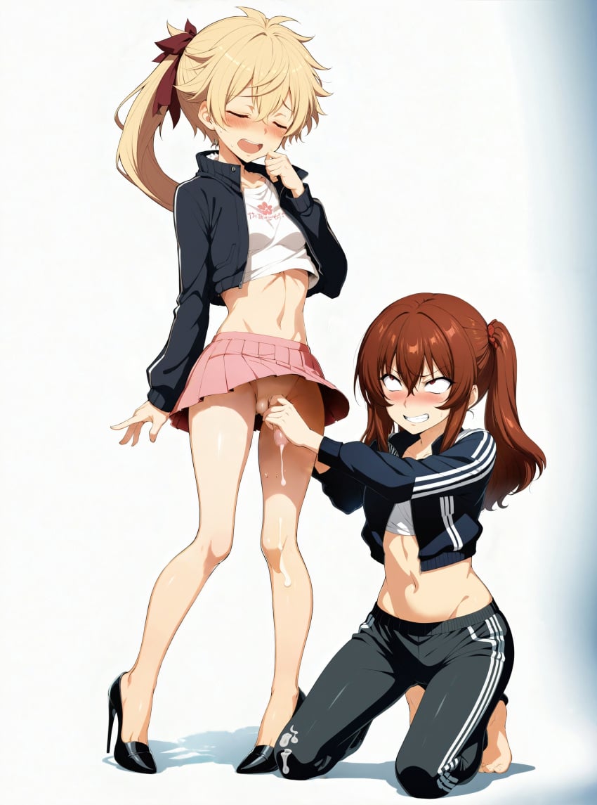 ai_generated blonde_hair blush cropped_jacket crossdressing cum cum_drip cum_on_body ecstasy enjoying femboy feminine_male feminization high_heels jerking jerkingoff kneeling male/female penis_grab posing red_hair skirt skirt_lift smirk sportswear sweat tomboy