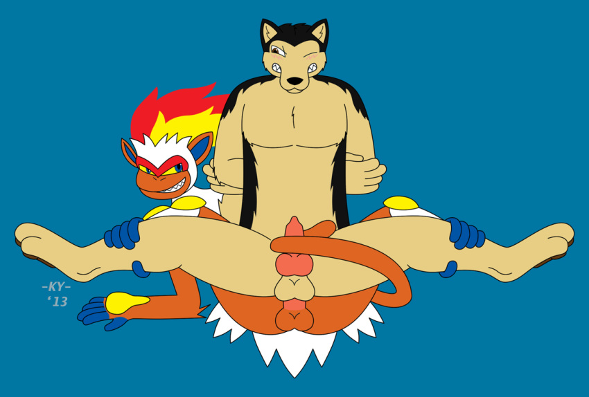 2013 anal anal_sex anthro arms_behind_back balls blush canine fire furry furry_only gay infernape ky ky_(malamute) malamute male mammal monkey nintendo no_humans penetration plain_background pokemon pokemon_(species) primate sex spread_legs spreading tailjob video_games