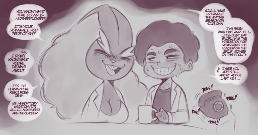 1boy 1girls anthro dialogue doctor_xodium english_text female funny generation_4_pokemon greyscale grin heat hi_res human lopunny male nintendo no_nut_november pokemon pokemon_(species) saltyxodium smiling speech_bubble sweating teeth_clenched