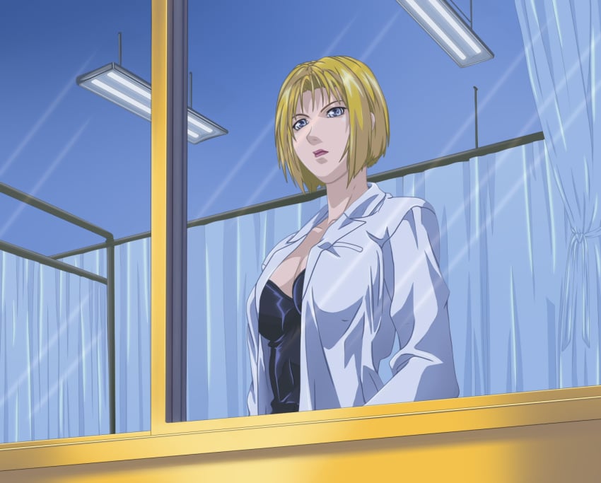 bible_black blonde_hair blue_eyes bob_hair female kitami_reika labcoat lipstick nurse short_hair voluptuous_female window witch