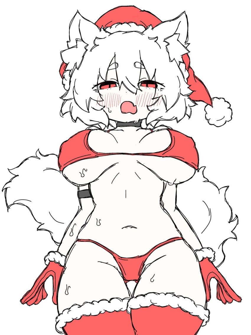 bikini blush breast_focus breasts cat_ears christmas christmas_outfit fumomono6500 gloves large_breasts looking_at_viewer momiji_inubashiri panties red_bikini red_eyes red_gloves red_panties red_thighhighs santa_hat small_waist sweat sweating tail thighhighs white_hair