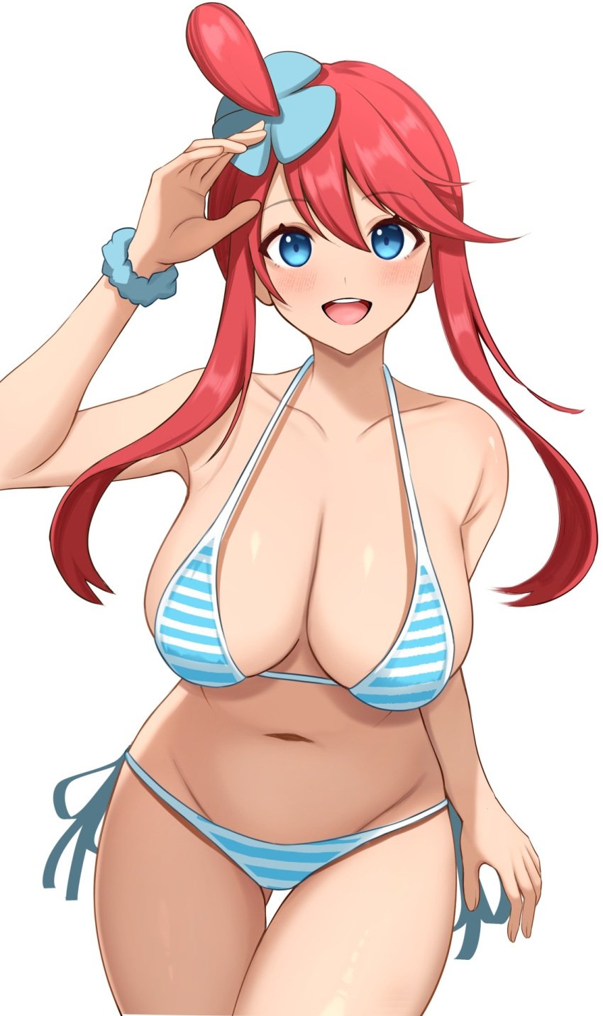 1girls :d big_breasts bikini blue_eyes blush breasts cleavage collarbone cowboy_shot creatures_(company) game_freak gluteal_fold gym_leader hair_ornament hi_res leaning_forward looking_at_viewer navel nintendo open_mouth paid_reward_available pokemon pokemon_bw red_hair shiny_skin short_hair_with_long_locks side-tie_bikini sidelocks simple_background skyla_(pokemon) smile solo standing striped striped_bikini stripes surippa1010 swimsuit thigh_gap thighs topknot upper_teeth upper_teeth_only white_background